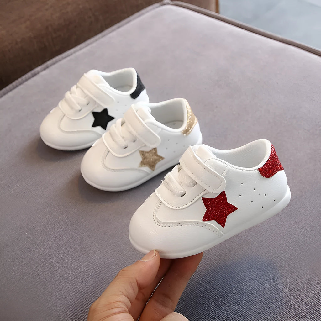 Toddler soft sole shoes with Velcro fastening, Korean embroidery, in white black colourway