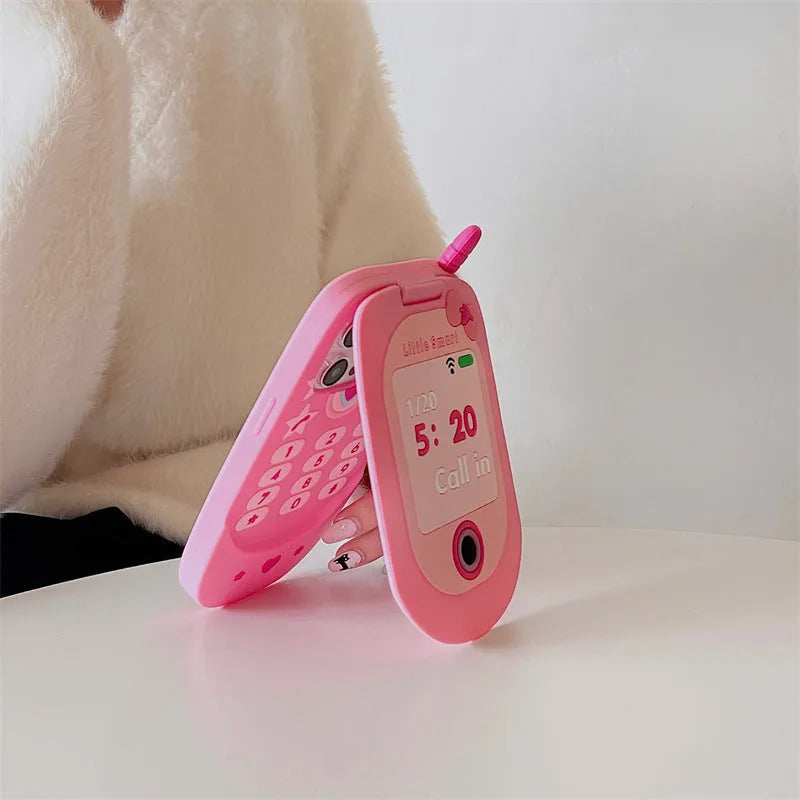 Light pink silicone flip phone shape mirror case for iPhone with cute cartoon design