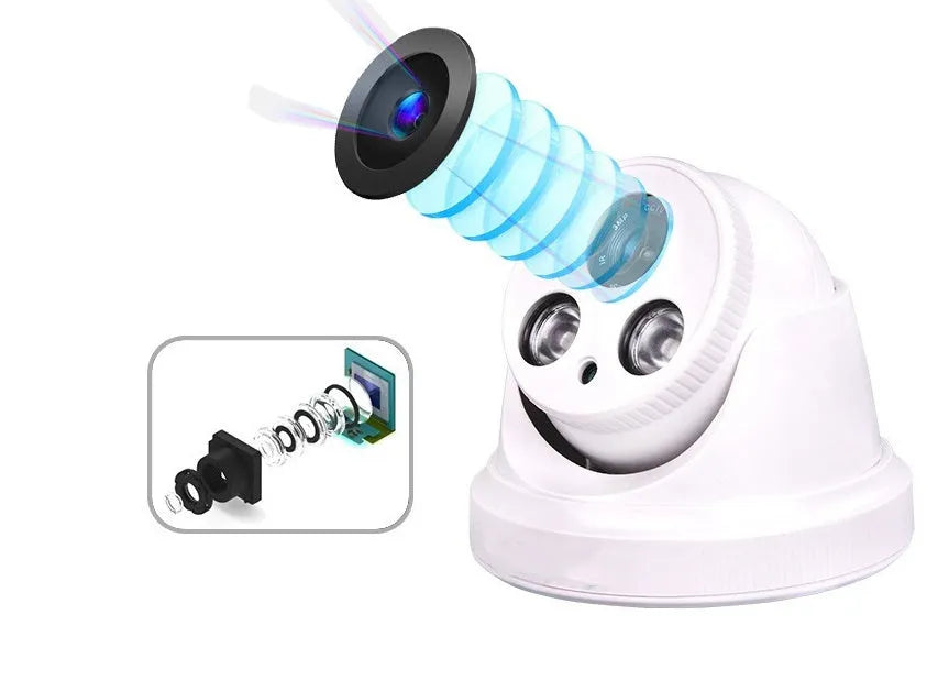 Dome surveillance camera with 3.6mm lens, 1200 TVL CMOS sensor and 10m infrared night vision for indoor use.