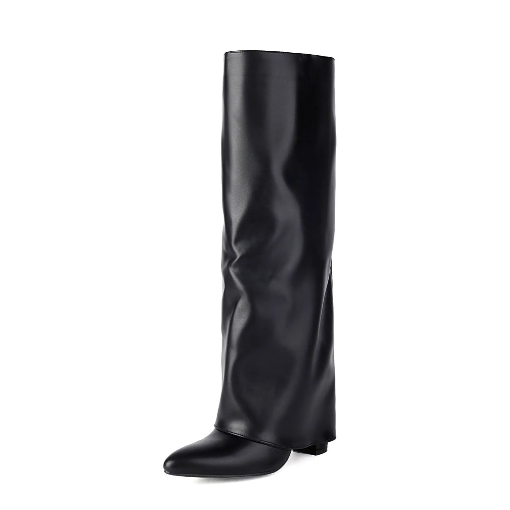 Women's black thick high heel winter boots with decorative stitching and high shaft