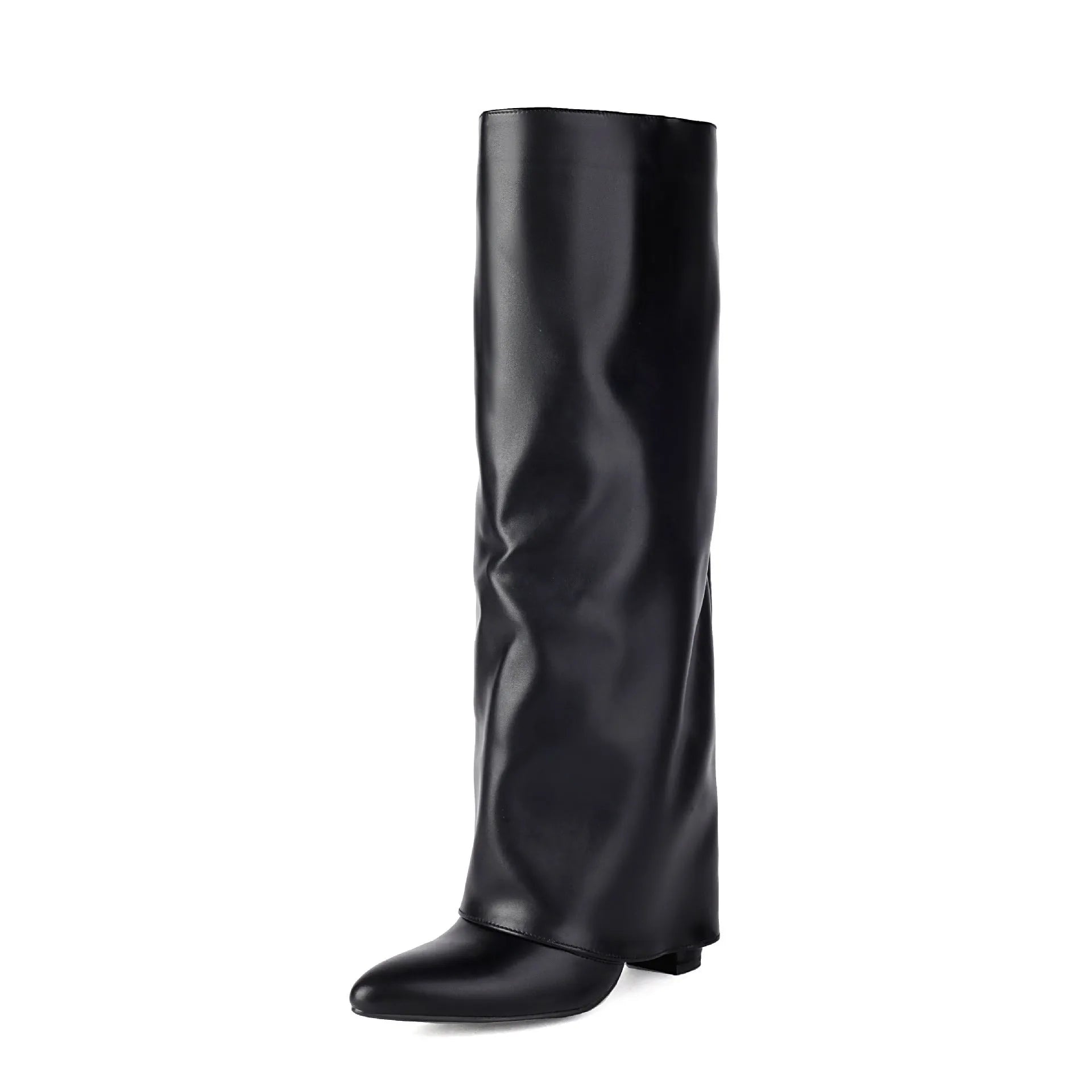 Women's black thick high heel winter boots with decorative stitching and high shaft