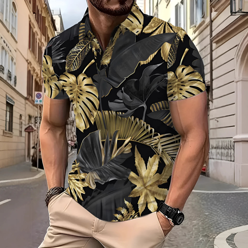 Men's gold colour shirt with tropical plant pattern print and short sleeves