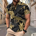 Men's gold colour shirt with tropical plant pattern print and short sleeves