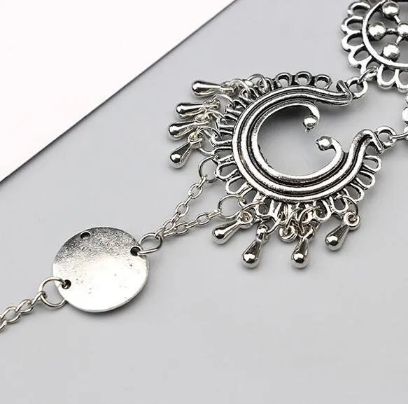 Antique silver hollow flower chain anklet for women, 24cm teardrop style barefoot sandals