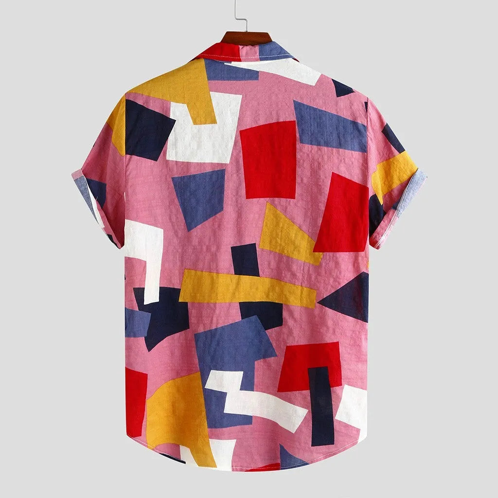 Plaid beach shirt short sleeve thin cotton blend in pink and white sizes M to 3XL for casual summer wear