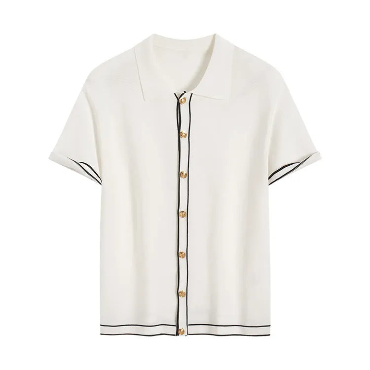 White short sleeve cardigan with contrast colour lapels on a hanger.