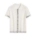 White short sleeve cardigan with contrast colour lapels on a hanger.