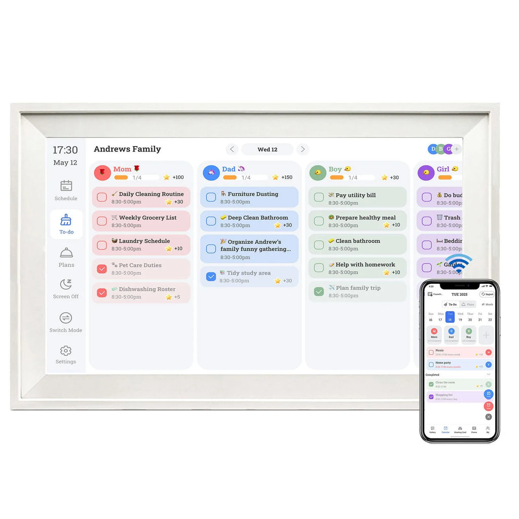 White 15.6-inch smart digital photo frame with app control on table