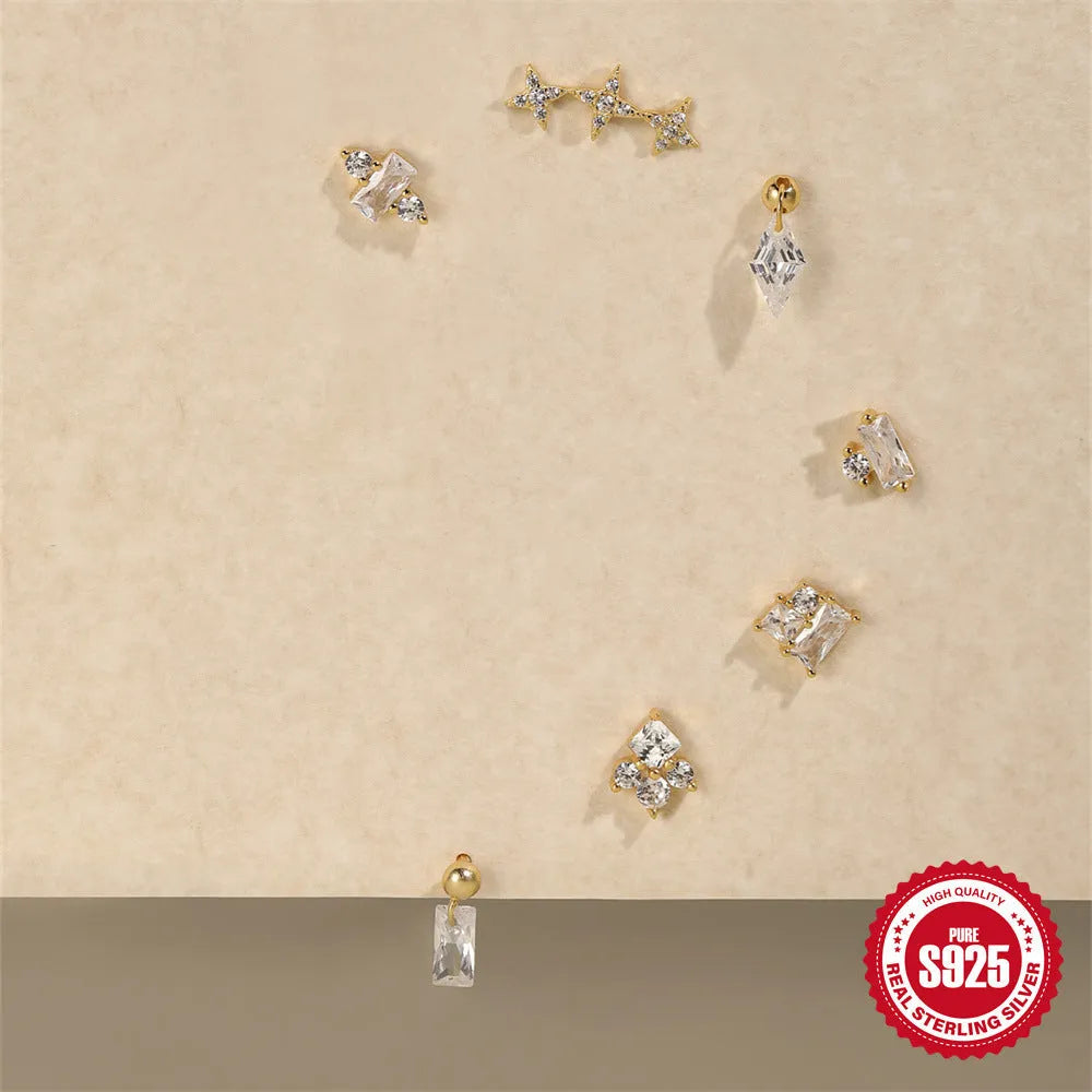 S925 sterling silver flower stud earrings with square red gravel centre, golden electroplated finish