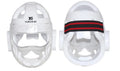 A blue, red, or white karate helmet for boxing head protection, shown in sizes S, M, L, and XL.