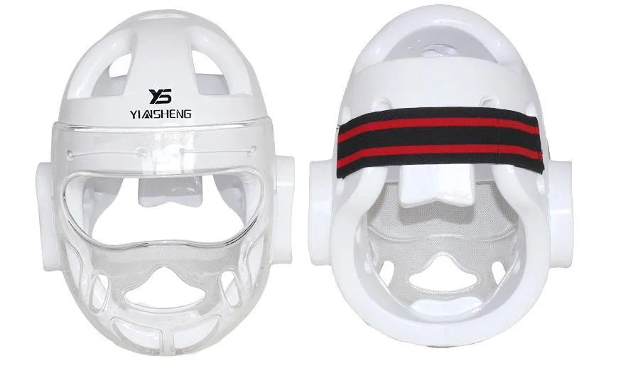 A blue, red, or white karate helmet for boxing head protection, shown in sizes S, M, L, and XL.