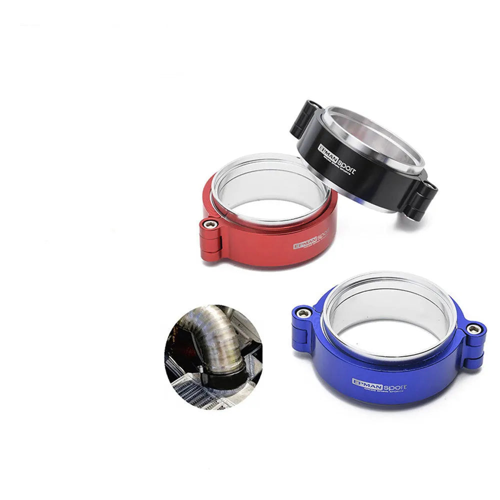 Aluminium exhaust clamp for turbocharged car modifications in black, blue or red