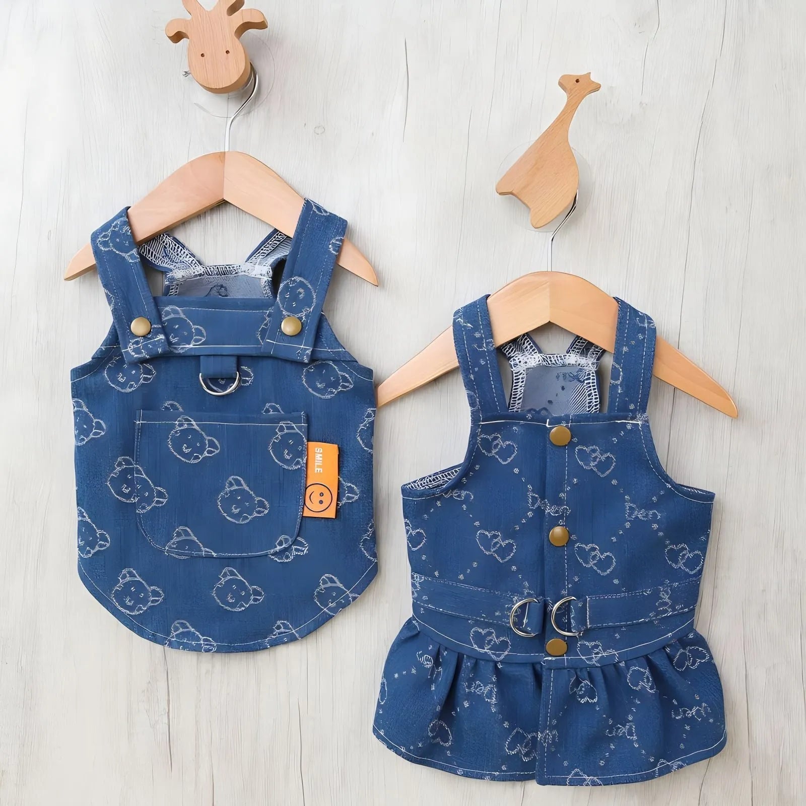 Teddy Bichon small dog wearing denim princess dress with bracket skirt design
