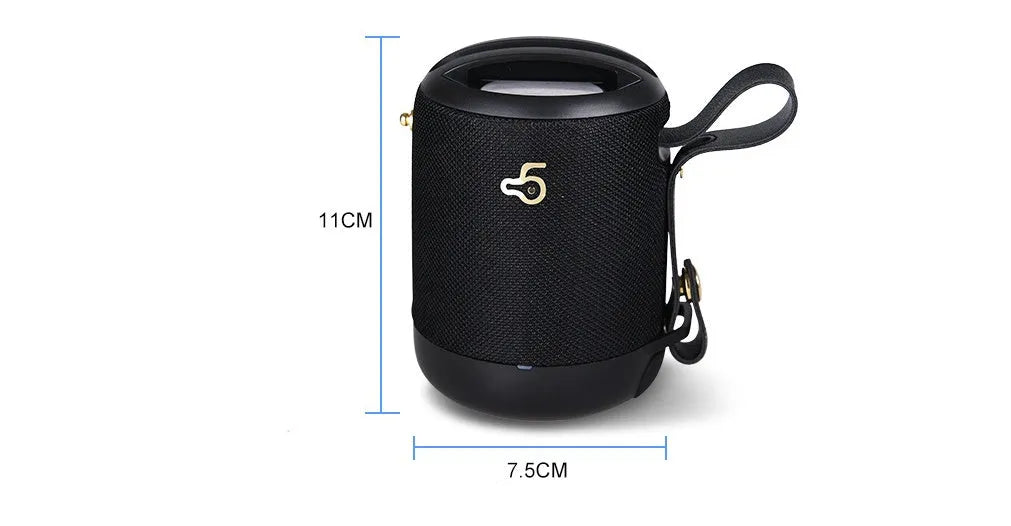 Waterproof portable bluetooth speaker in black with carry strap showing control buttons