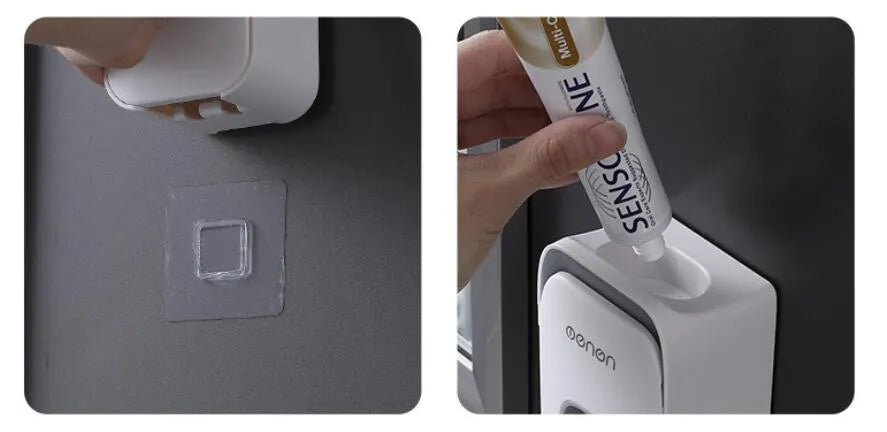 Wall-mounted automatic toothpaste dispenser in blue, grey, or pink colours with a visible dispensing lever.