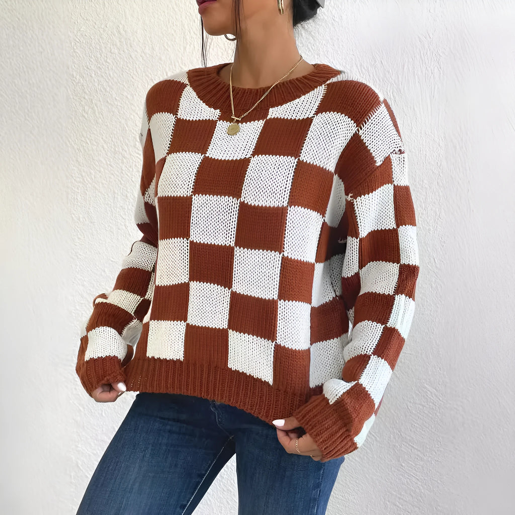 Dark brown plaid acrylic pullover sweater with loose fit and round neck