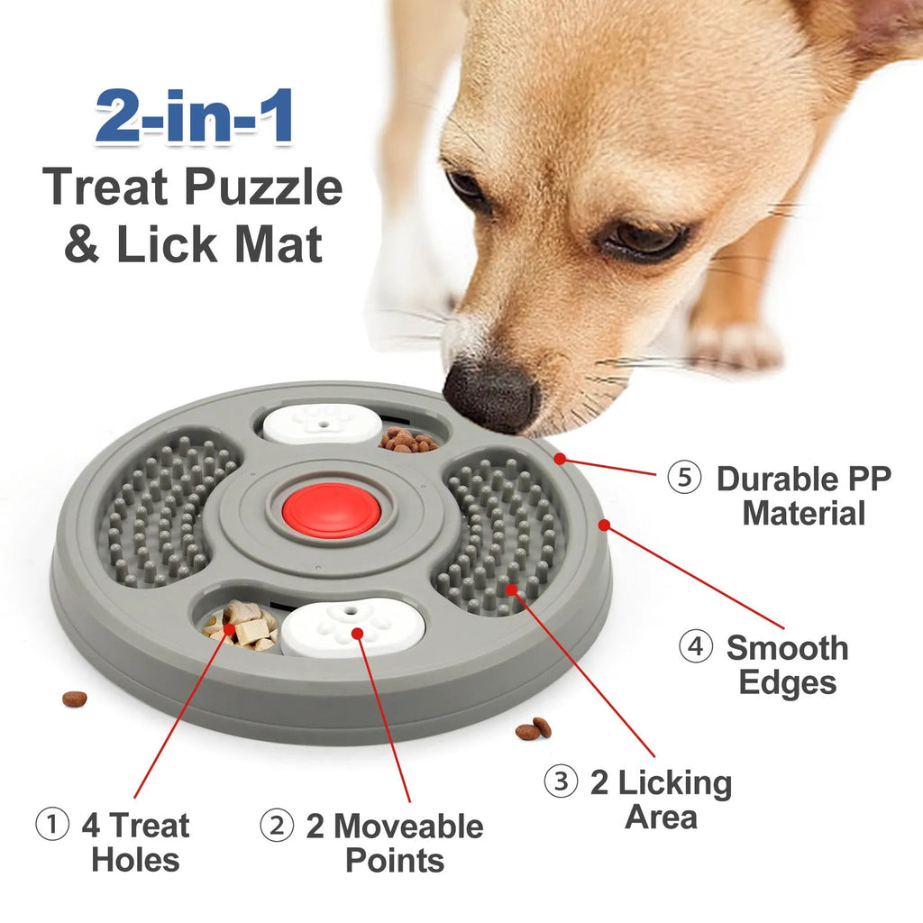 Grey and blue 23cm PP plastic slow feeder bowl with 2 in 1 lick mat surface and four anti slip pads for cats and dogs