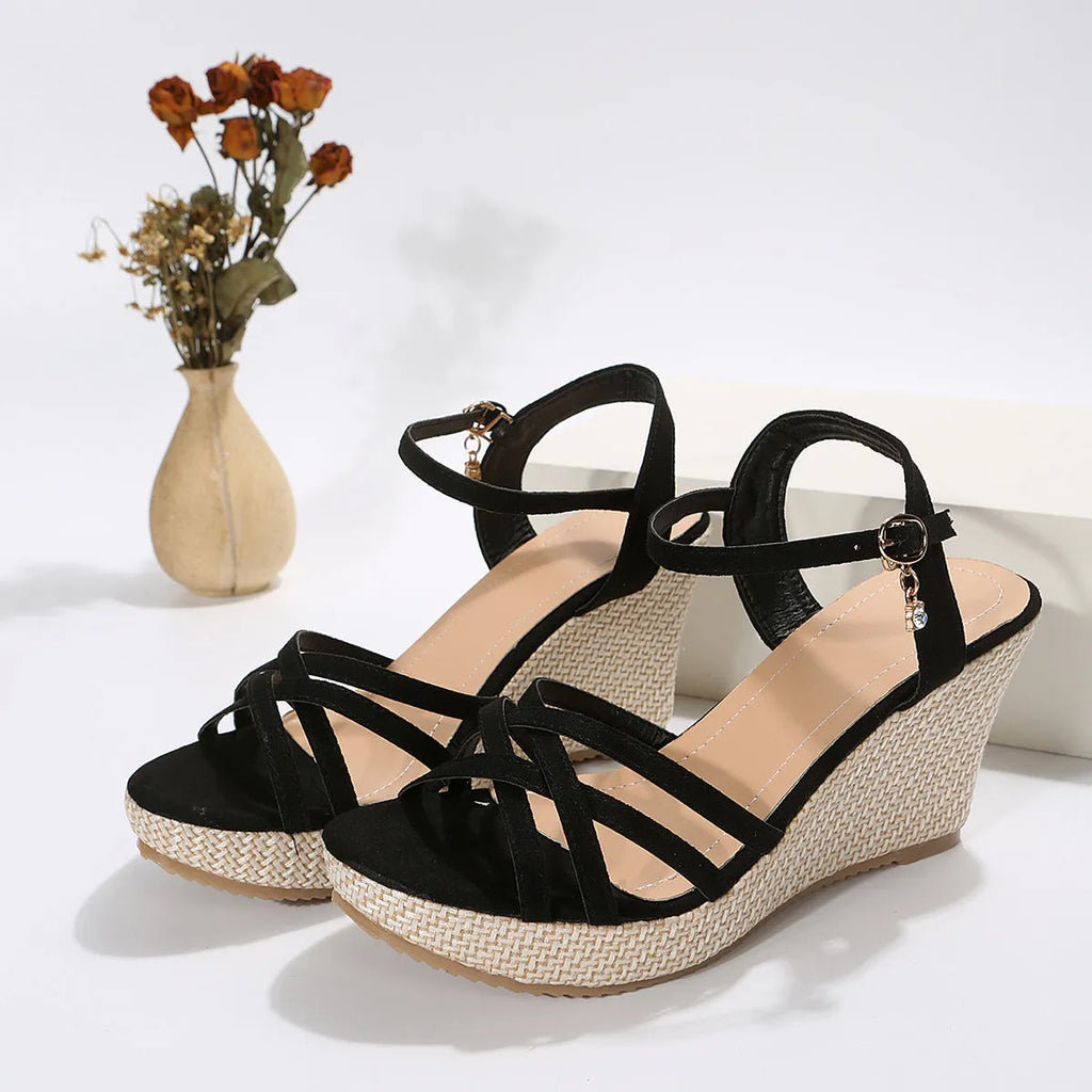 Women's simple wedge sandals with cloth upper and fish mouth toe in beige, black, and white.