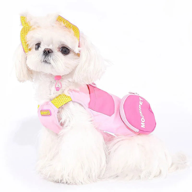 Pink polyester vest for small dog on mannequin showing casual design