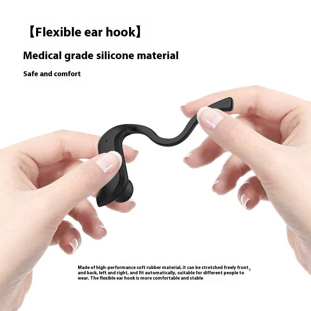 Black plastic ear-mounted wireless TWS Bluetooth headset with digital display screen for battery level