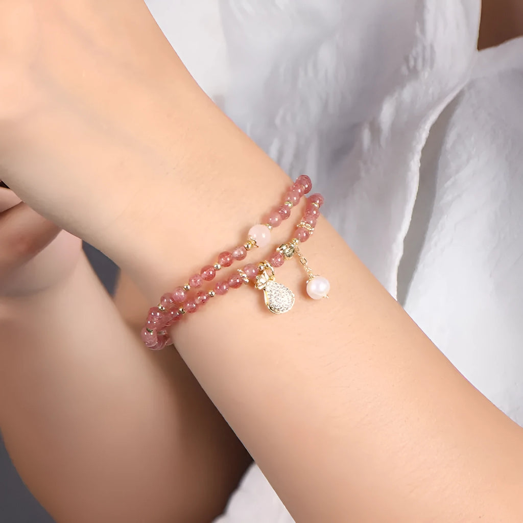 Strawberry quartz crystal bracelet with geometric beads and silver-plated components for women