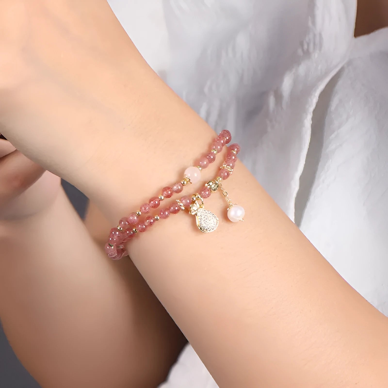 Strawberry quartz crystal bracelet with geometric beads and silver-plated components for women