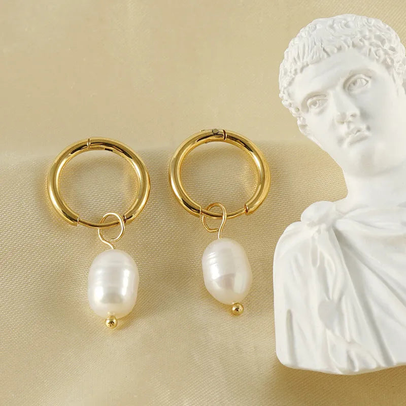 Gold geometric pearl earrings with stainless steel and titanium steel construction