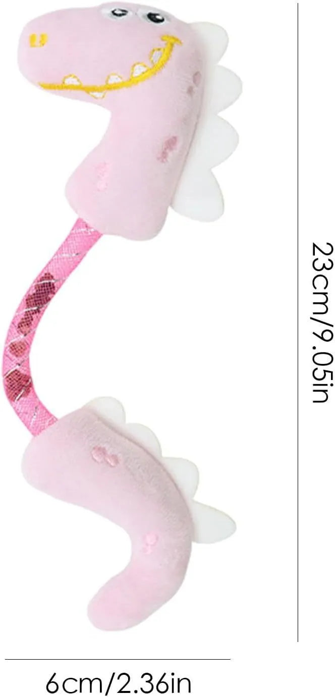 Set of four colourful cat toys including rope, springs, and plush kickers on a white background.