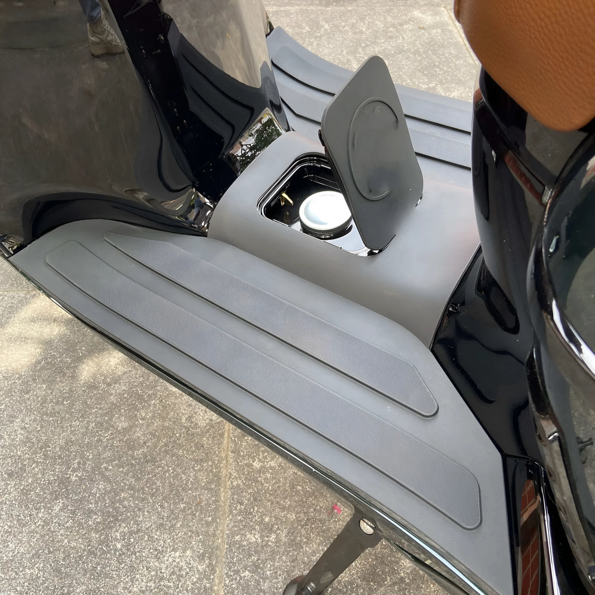 Motorcycle foot pad plate with 3D rubber texture in black-grey colour, front pedal modification accessory
