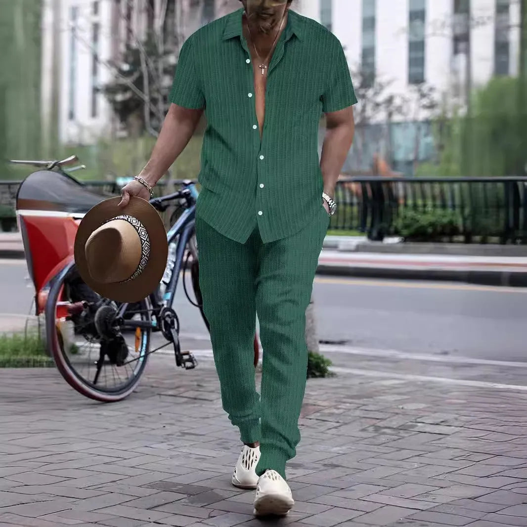 Men's casual loose short sleeve shirt and trouser beach suit in cotton blend, available in multiple colours