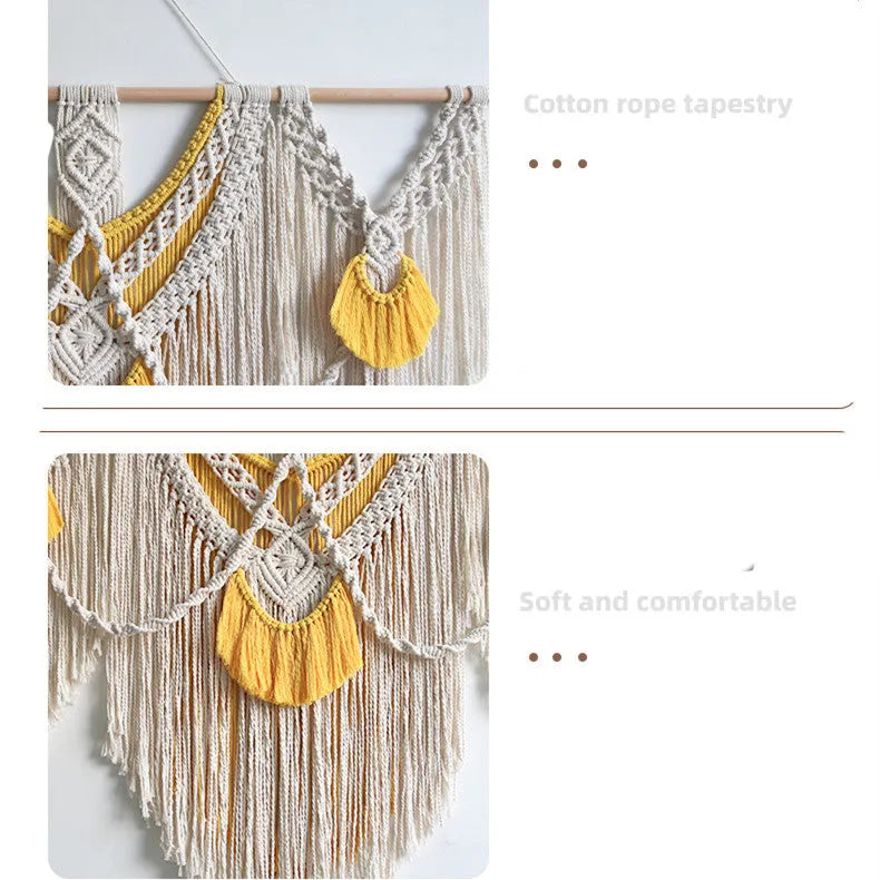 Hand-woven cotton Nordic tapestry wall hanging with creamy white and yellow colours
