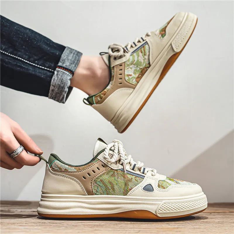 Canvas casual shoes in Milan green and beige colours with round toe and flat heel design
