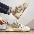 Canvas casual shoes in Milan green and beige colours with round toe and flat heel design
