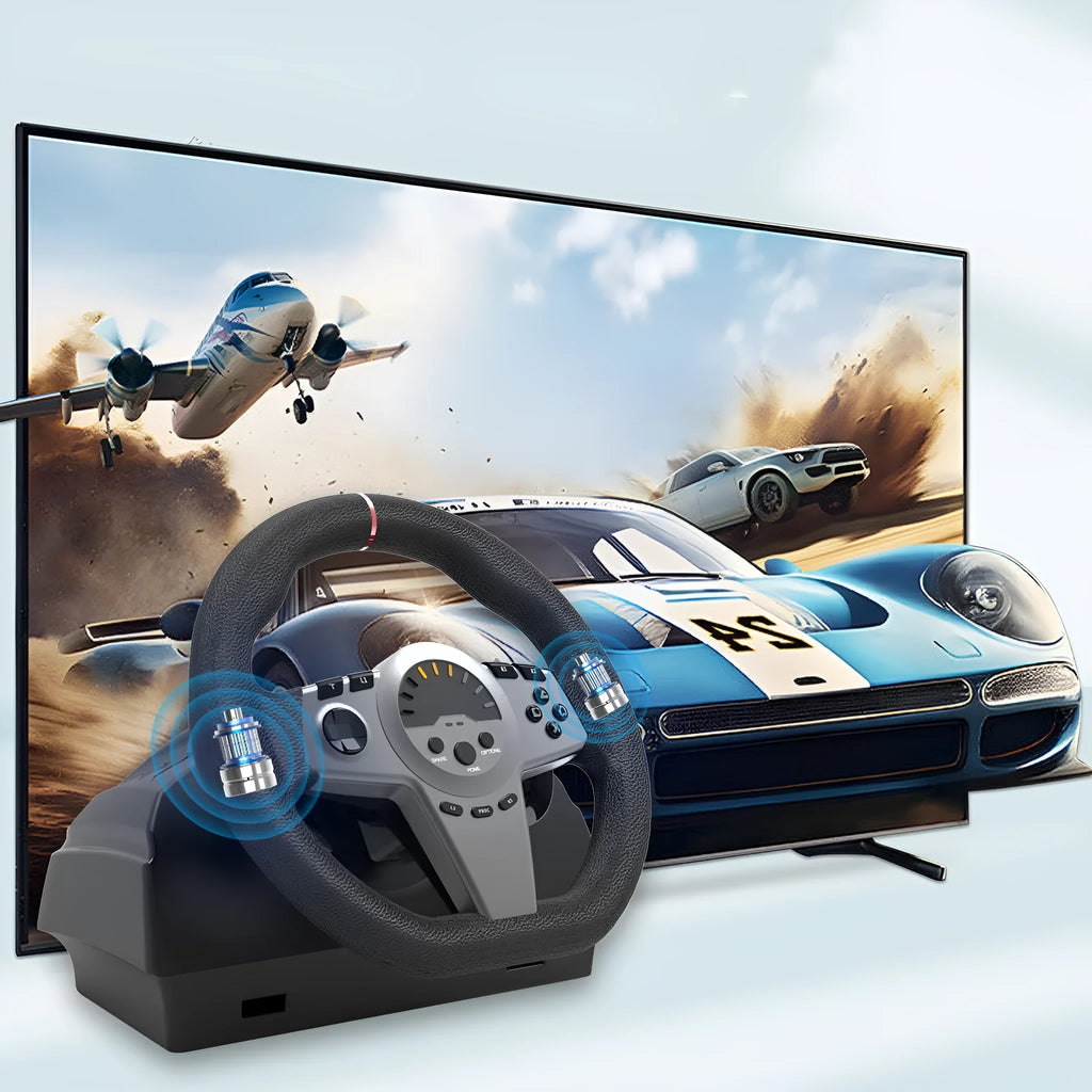 Black multi-platform gaming steering wheel with two pedals, vibration feedback, and manual mounting bracket