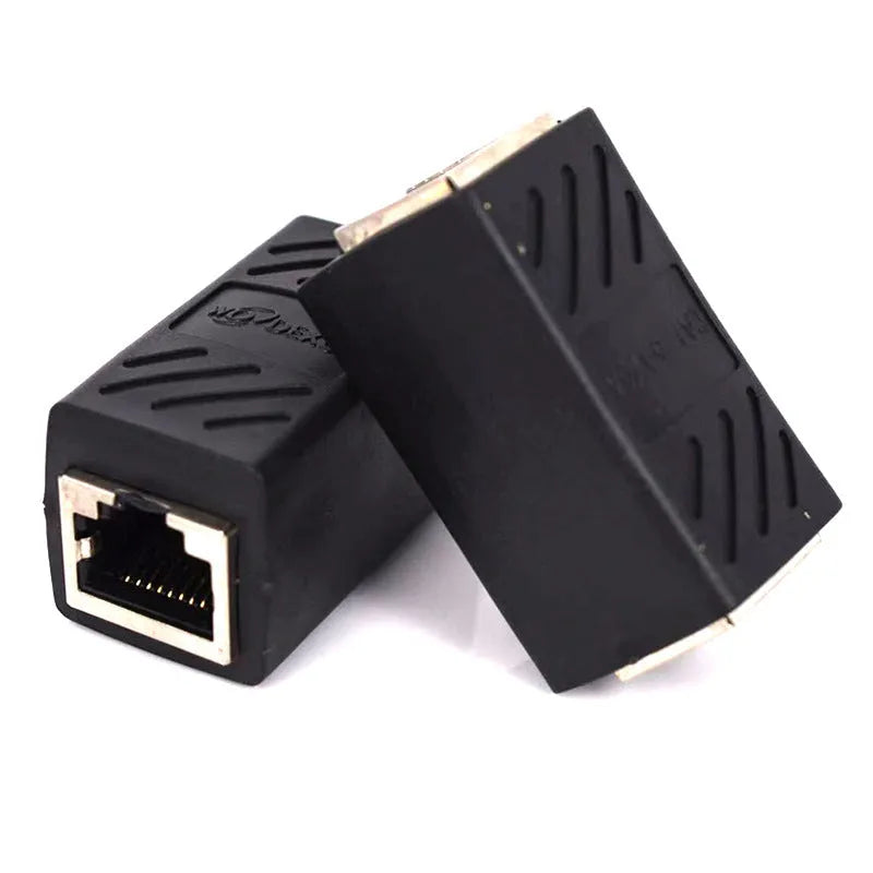Black RJ45 network cable extender adapter with rotary union for joining two Ethernet cables.