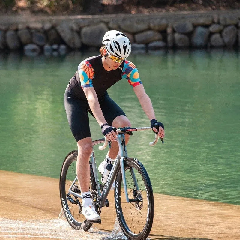 Men's quick-drying cycling suit set in geometric black, chemical fibre blend, top and shorts