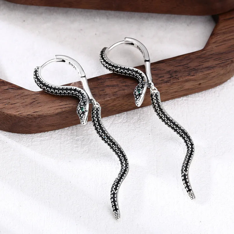 Snake earrings with inlaid zircon on copper, Black Diamond colour, retro Korean style, one pair
