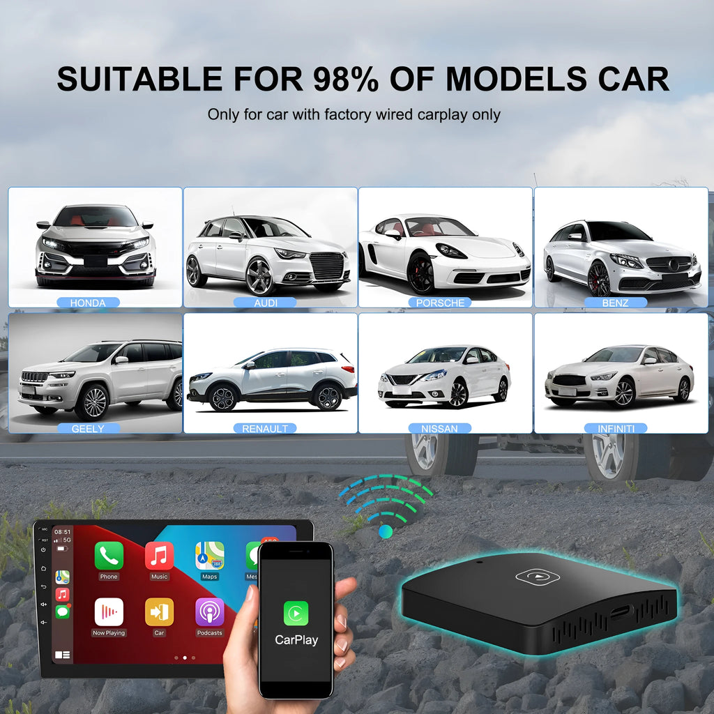 Black wireless CarPlay adapter module with cables for converting wired factory car systems to wireless smartphone integration