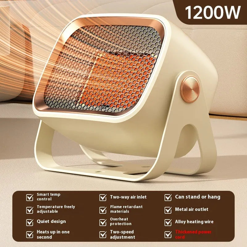 Compact white desktop ceramic fan heater showing control buttons and rotatable base.