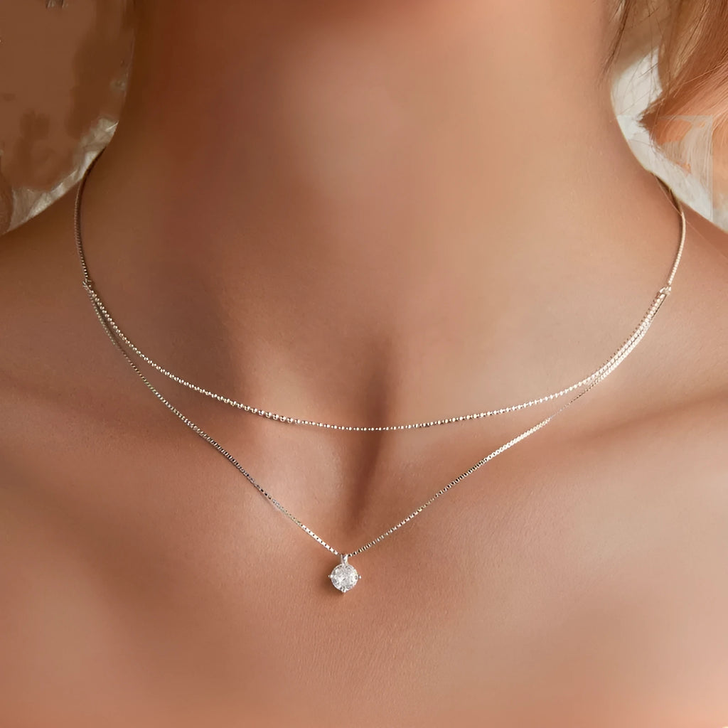 S925 sterling silver double-layer necklace with pearl chain in silver colour