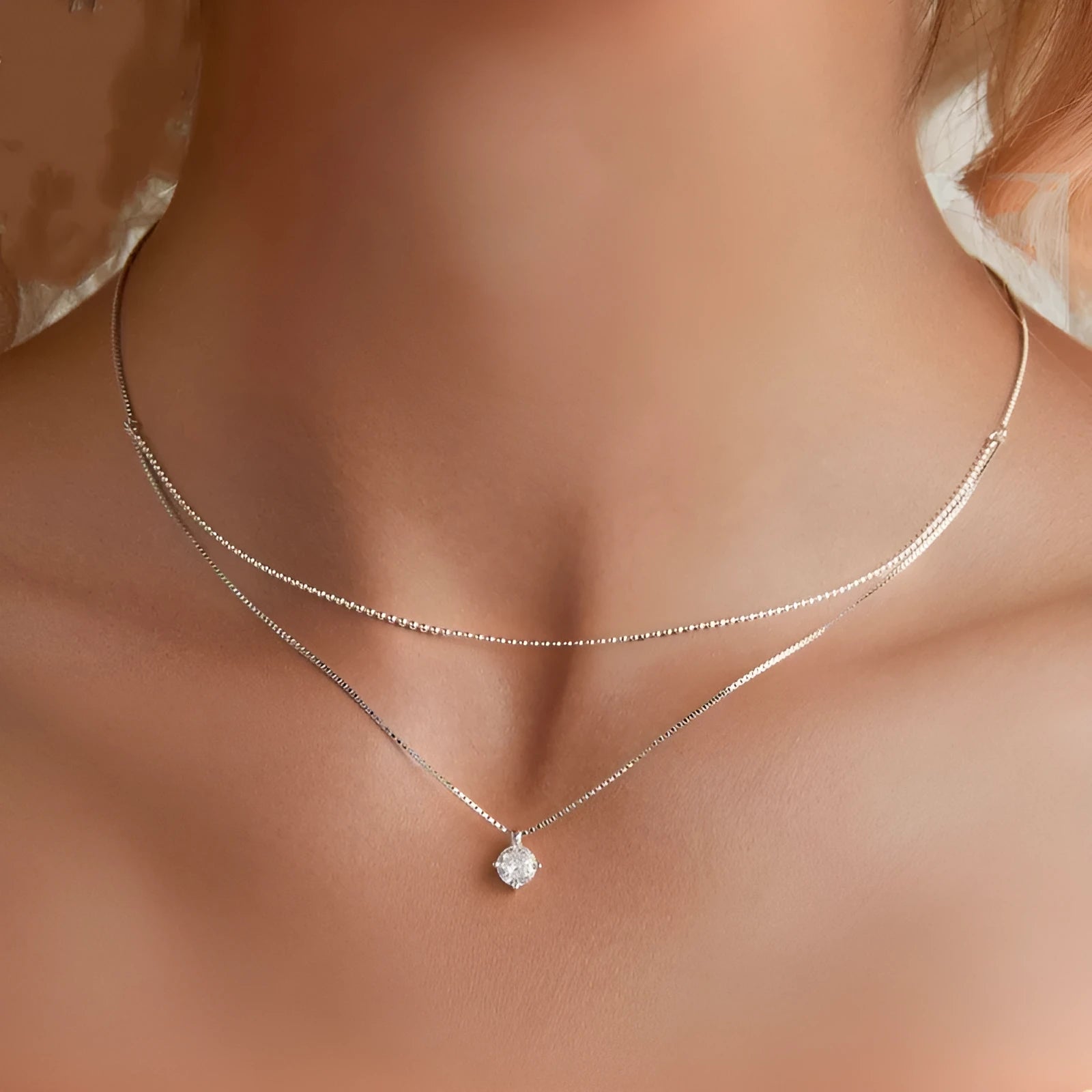 S925 sterling silver double-layer necklace with pearl chain in silver colour