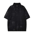 Black and white short-sleeved polo shirt with hollow knit design for teenage casual wear