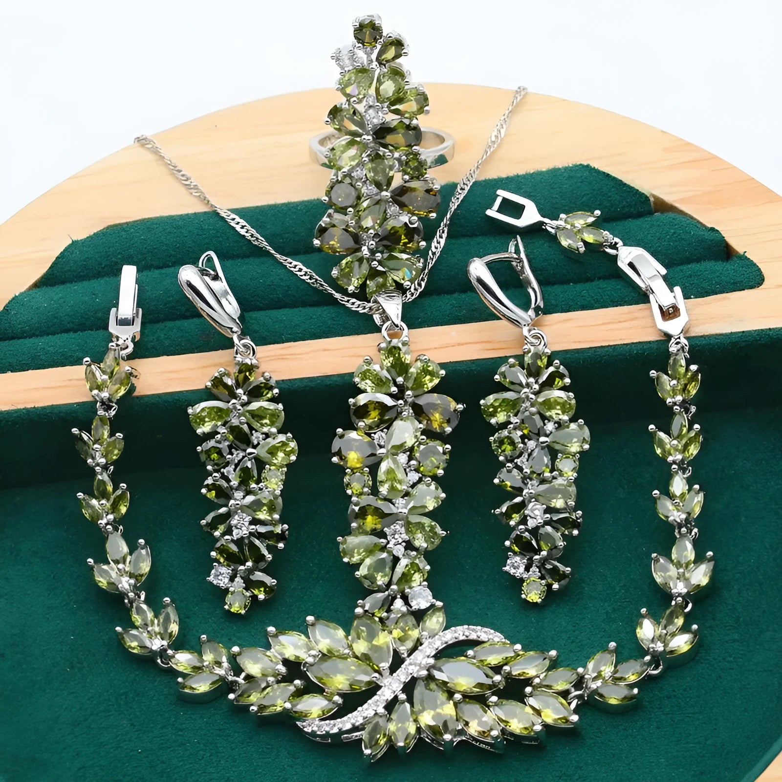 Retro floral pattern jewellery set with copper, zircon, and alloy pendant, showing necklace, bracelet, earrings, and ring in olive and purple colours.