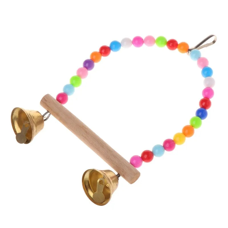 Wooden parrot swing with colourful beads, two bells, and a hanging hook, 10cm by 1.4cm by 15cm