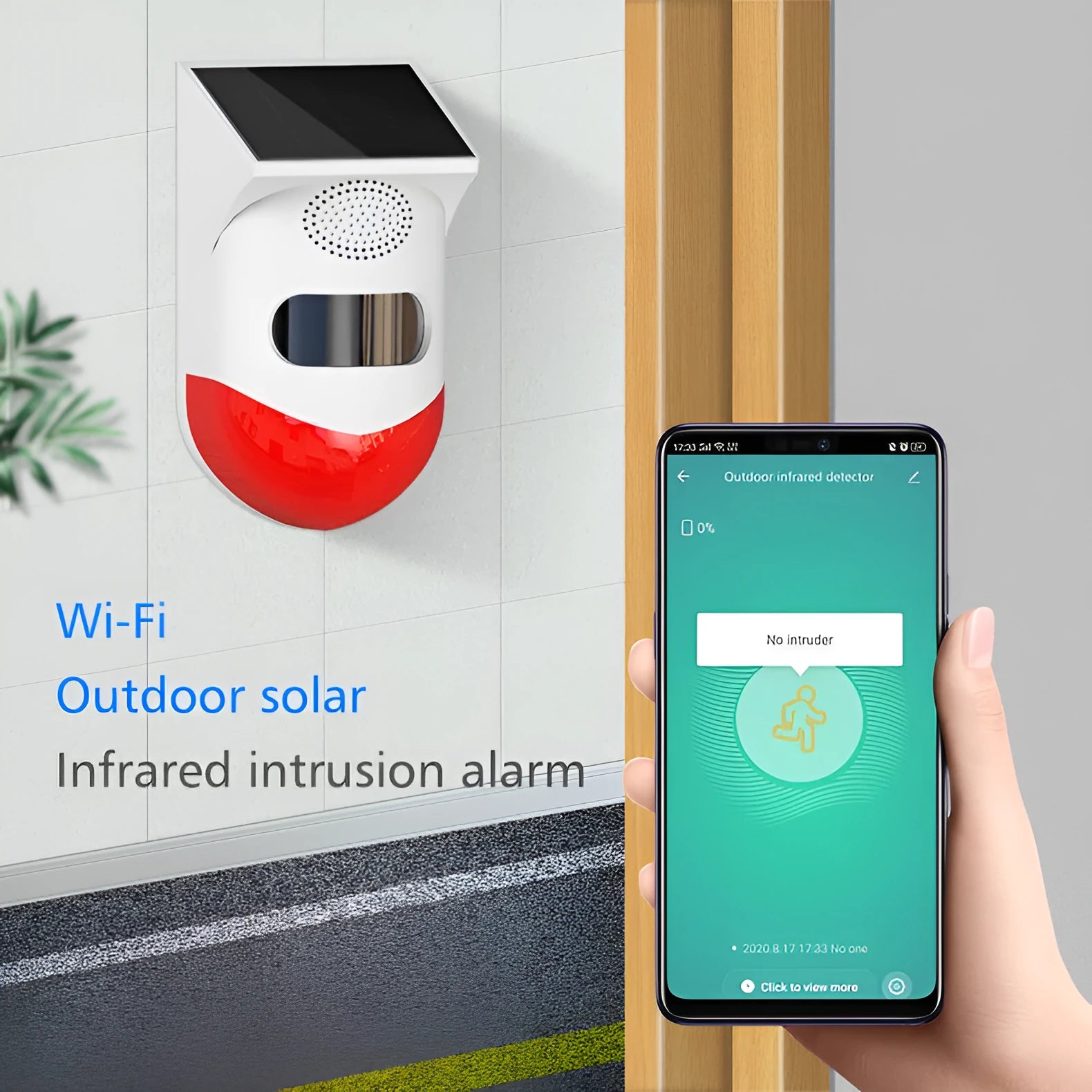 Solar powered wireless PIR motion sensor alarm for outdoor security with remote control