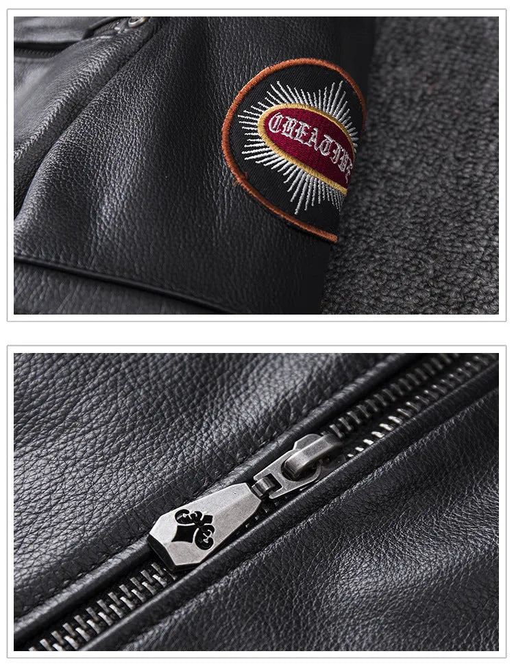 Men's stand collar genuine leather motorcycle jacket with skull pattern in black