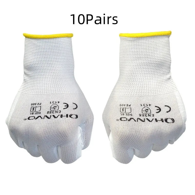 White PU coated labour gloves showing palm coating and 24cm length