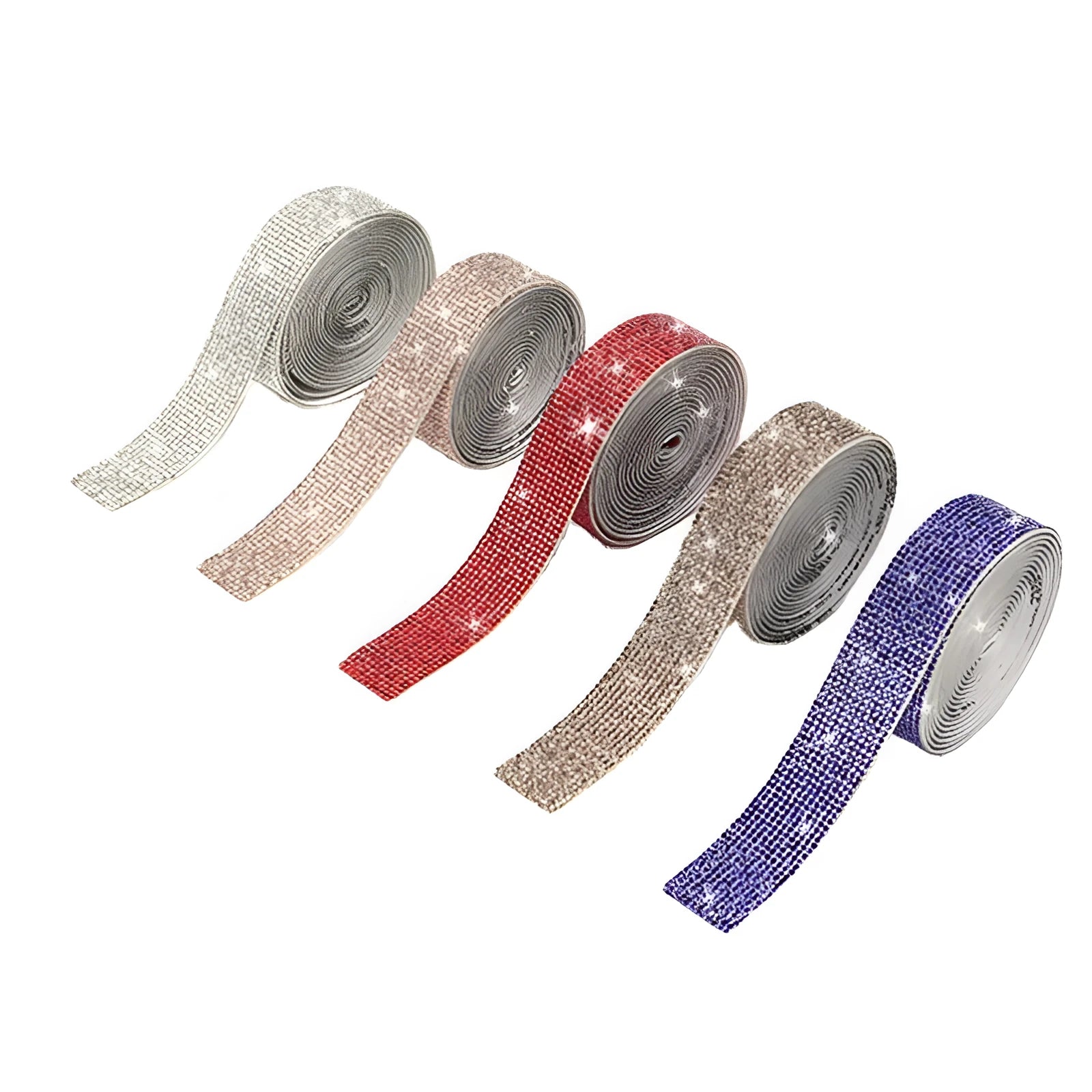 Close-up of a self-adhesive electroplated glass crystal strip on a roll for clothing decoration.