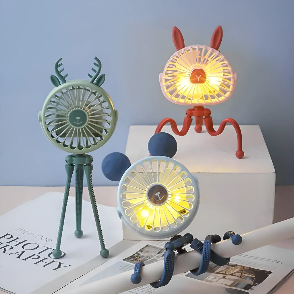 Pink portable stroller fan with octopus design, flexible clip, and LED night light