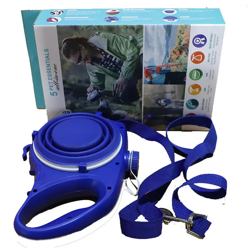 Dog leash with attached water bottle and cup in blue, black and red colour options